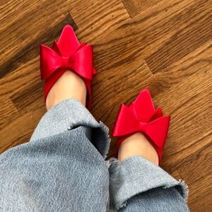 BAMBOO Womens Red Pointed Toe Bow Tie Slingback Flats